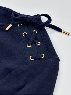 Lauren Ralph Lauren Navy Lace-Up Shoulder Top Gold Logo Petite Medium